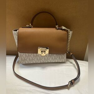 Michael Kors Cream and Brown Satchel with Gold Accents